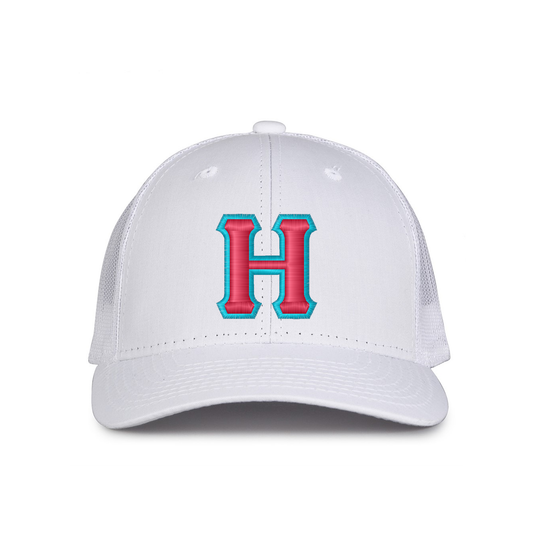 The Game White Trucker Hat with Teal/Pink "H"