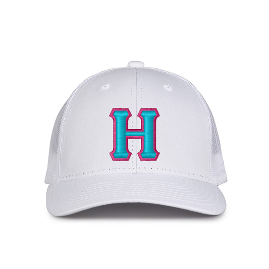 The Game White Trucker Hat with Teal/Pink "H"